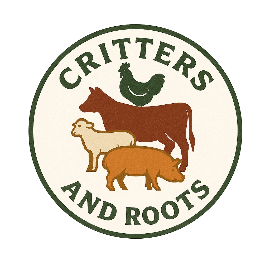 Critters and Roots — farm logo featuring a cow, sheep, pig, and chicken